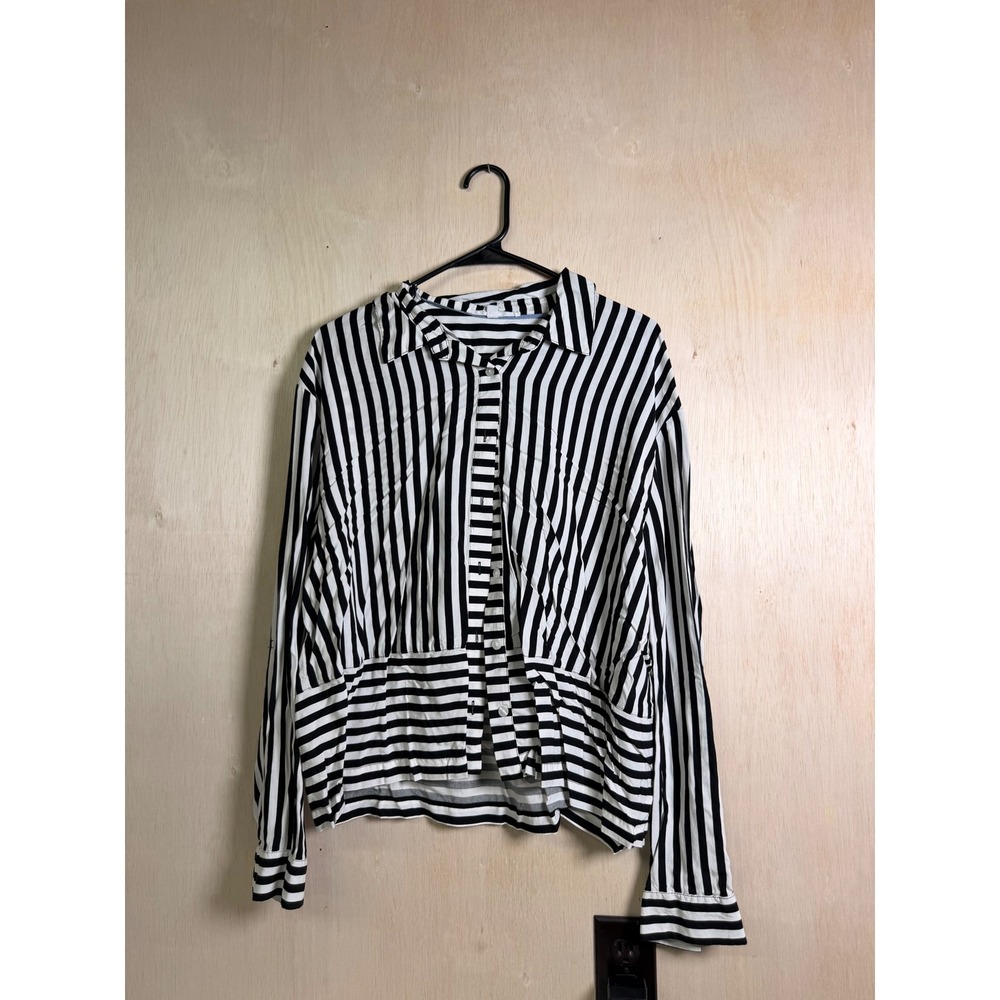 Striped Button Down Women XL Black‎ White Excellent Mixed Stripe Shirt
